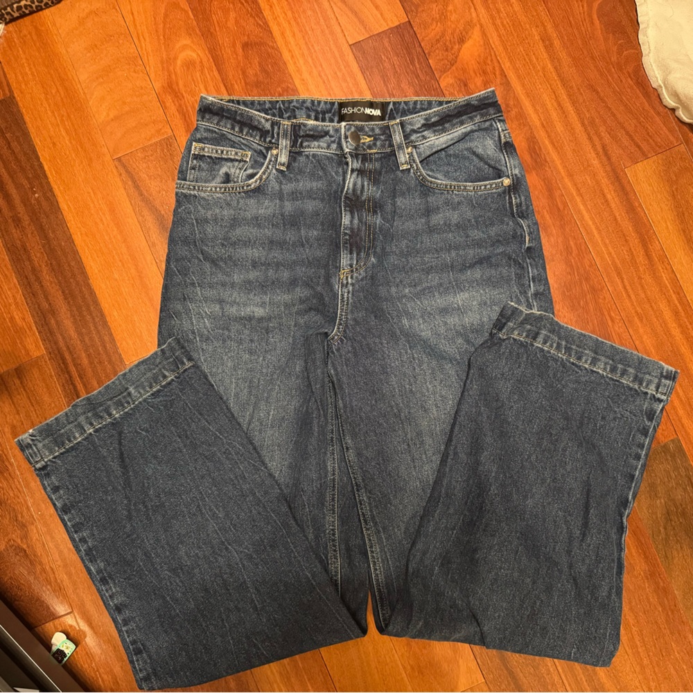 Fashion Nova Dark Blue Wide Leg High Waisted Trouser Jeans Size 9